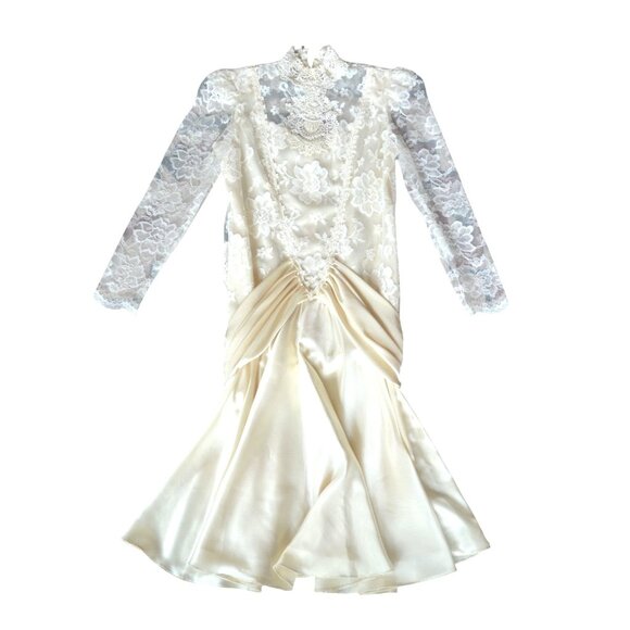 Vintage 80s Ivory Lace Satin 20s Flapper Revival Drop Waist Wedding Dress Size 8 - Picture 9 of 9